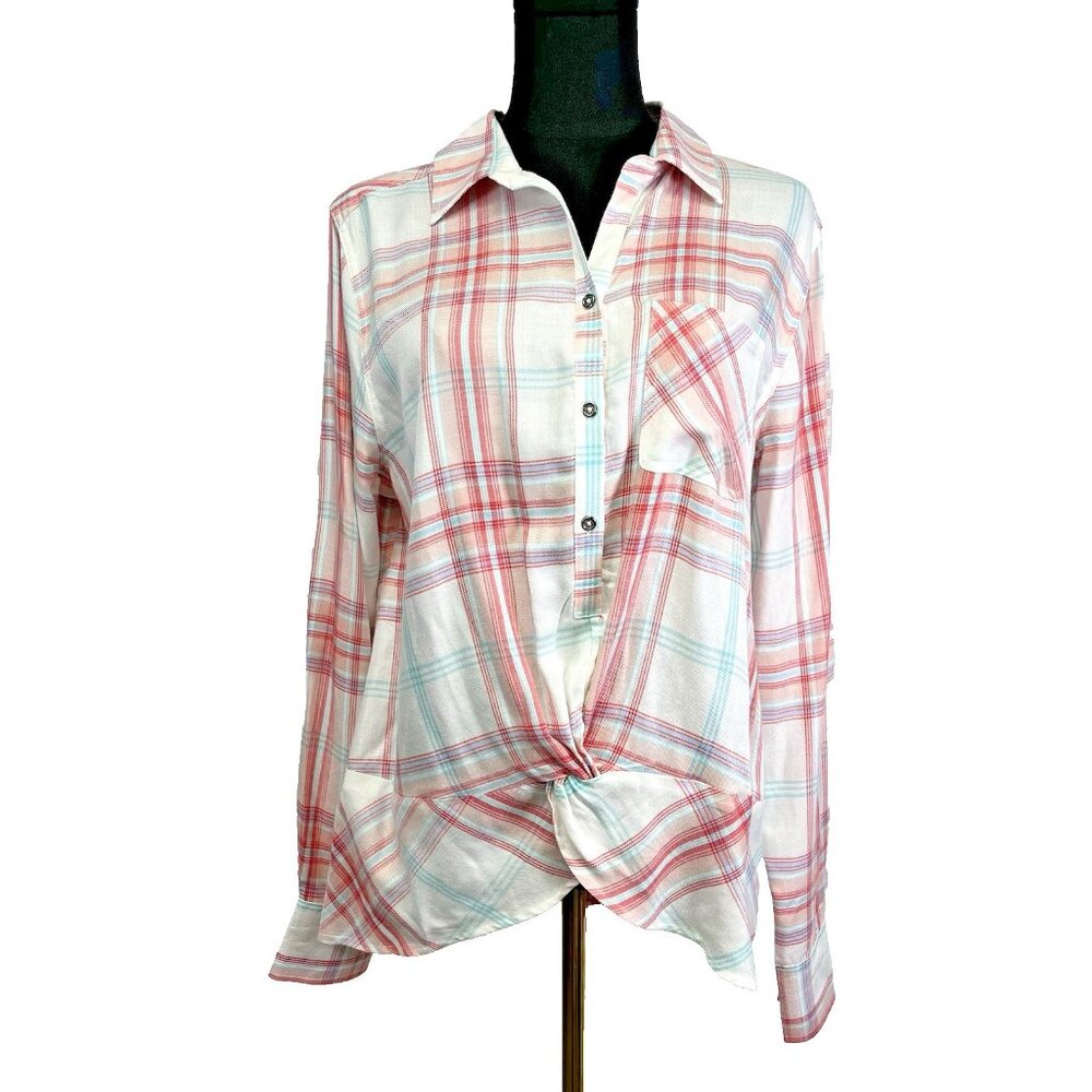 C & C California Womens Top High Low‎ Twist Front Plaid Pullover Coastal Pastel